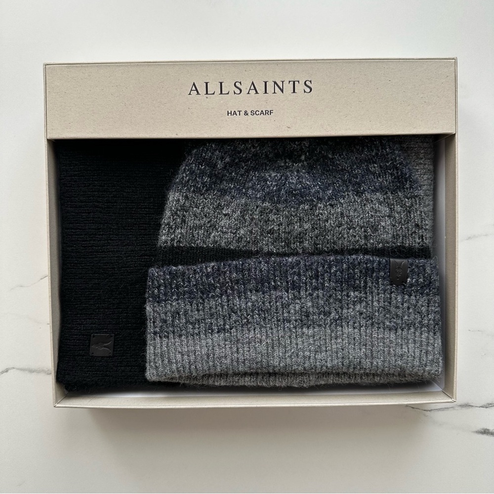 NWT AllSaints Men's Marl Stripe Hat & Scarf Set (Blue, Black, and Gray)